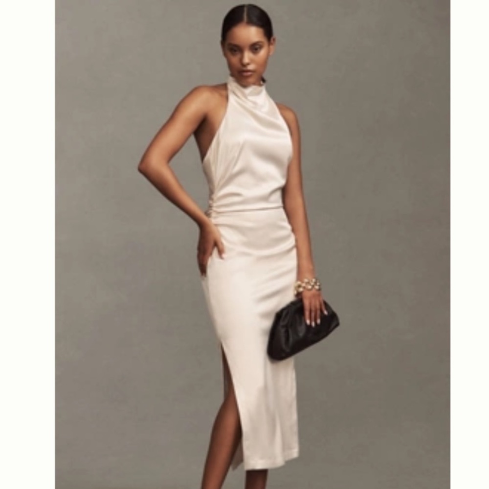 BHLDN Cream Halter Midi Stretch Satin Dress - M